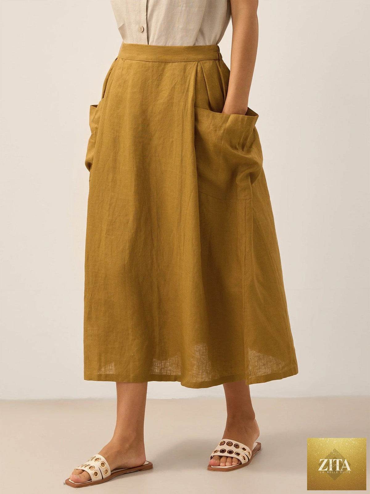 LINTICO 100% linen elastic waist skirt in natural color, casual bottom with a flowy design and comfortable fit.