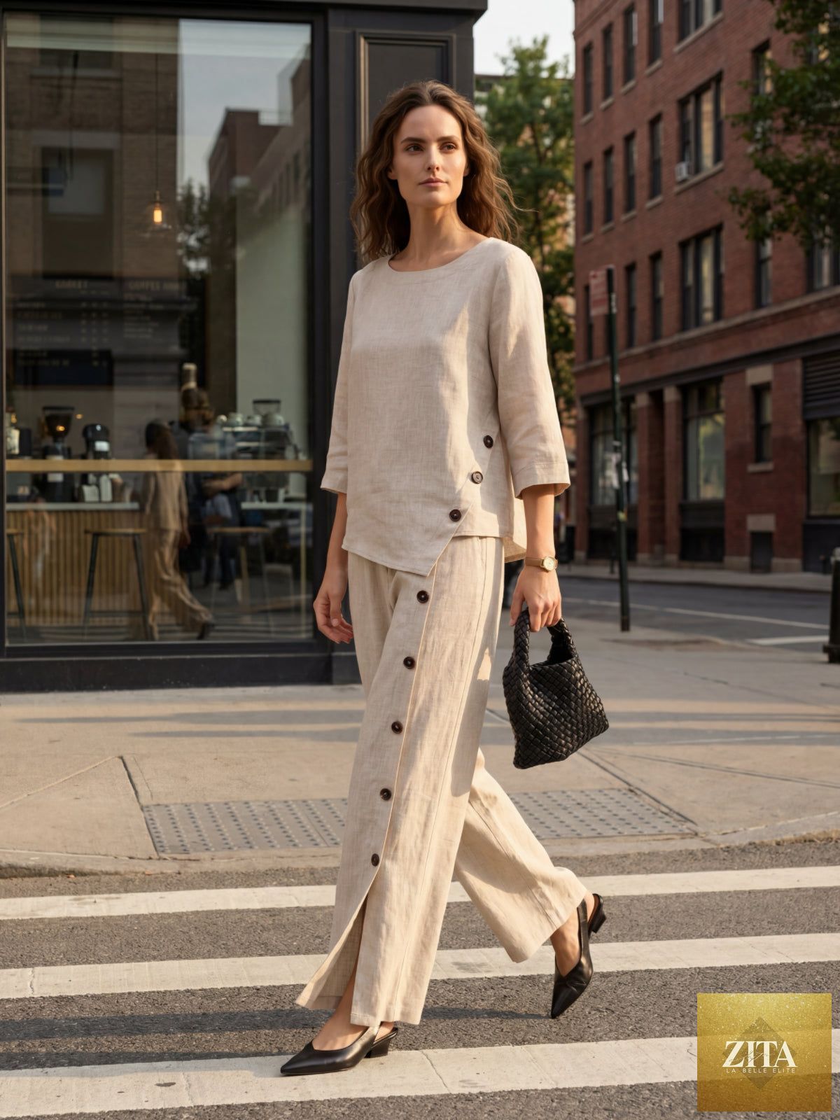 LINTICO 100% linen asymmetric-hem button-trim top featuring a relaxed fit and natural fabric look.