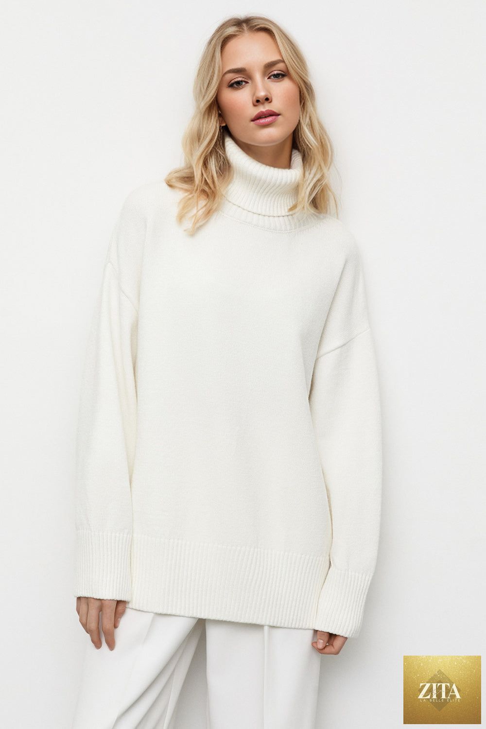 ShopBasicbae basic beige turtleneck sweater with dropped shoulders and long sleeves, casual and cozy fit.
