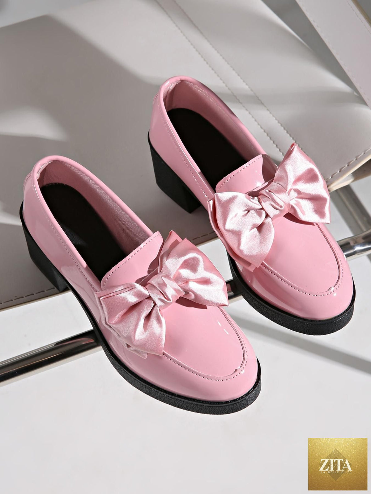 Women's FitiqueFit bowtie round toe low heel pumps in wide size, casual PU shoes with stylish design and comfortable fit.