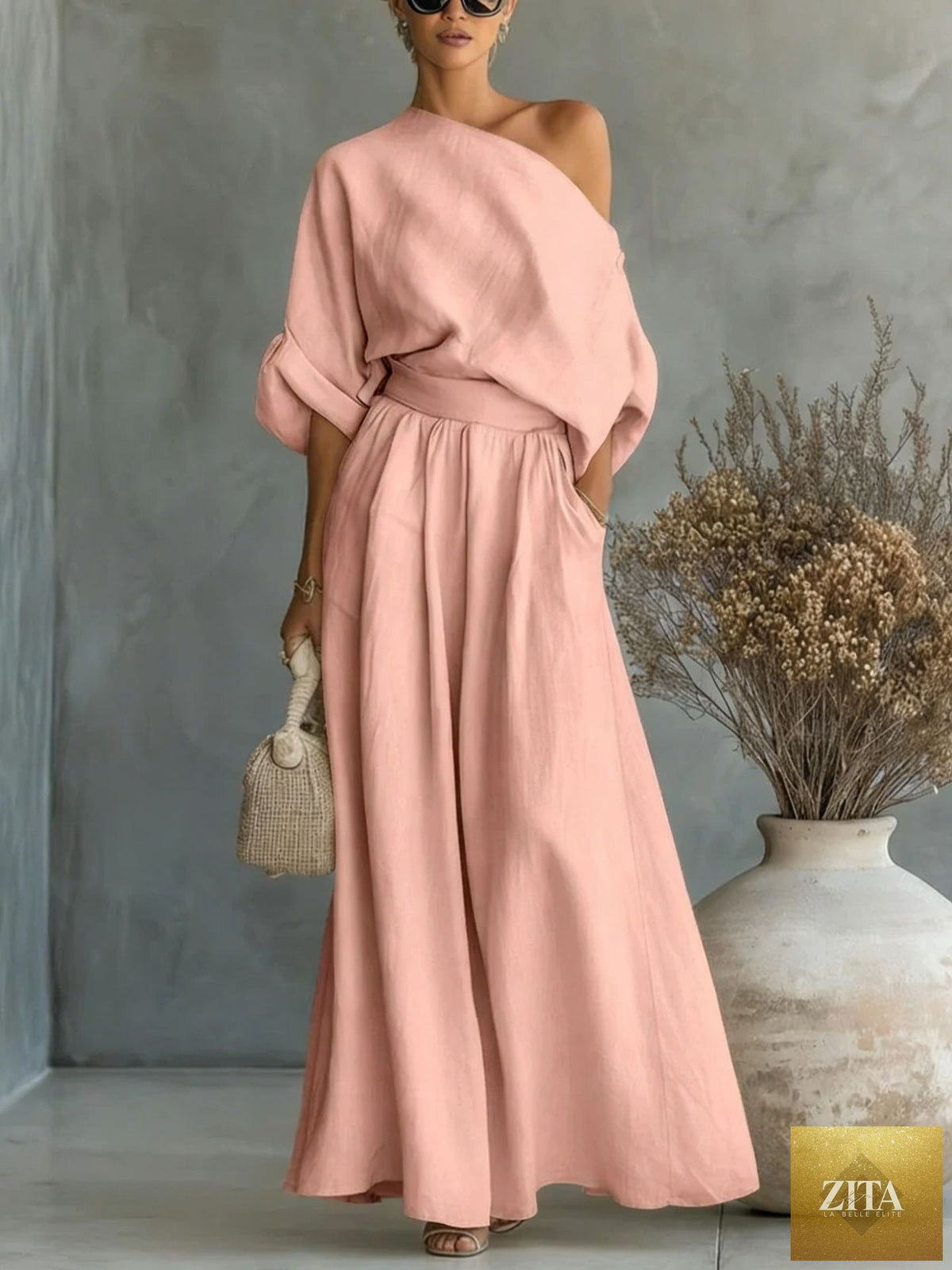 Zita La Belle Elite cropped off-shoulder top and pants two-piece casualwear set in various colors, size S to 5XL.