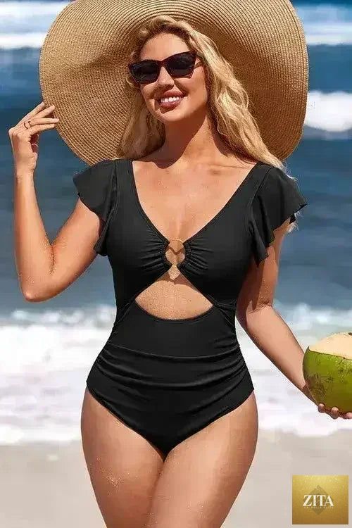 Femstylo ruffle sleeve swimsuit with O-ring cutout and tummy control, featuring stylish design and supportive fit.