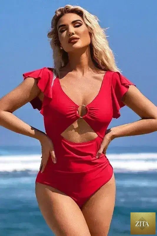 Femstylo ruffle sleeve swimsuit with O-ring cutout and tummy control, featuring stylish ruffle details on the swimwear top.