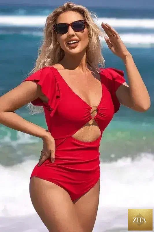 Femstylo ruffle sleeve swimsuit with O-ring cutout and tummy control, featuring a stylish design and supportive fit.