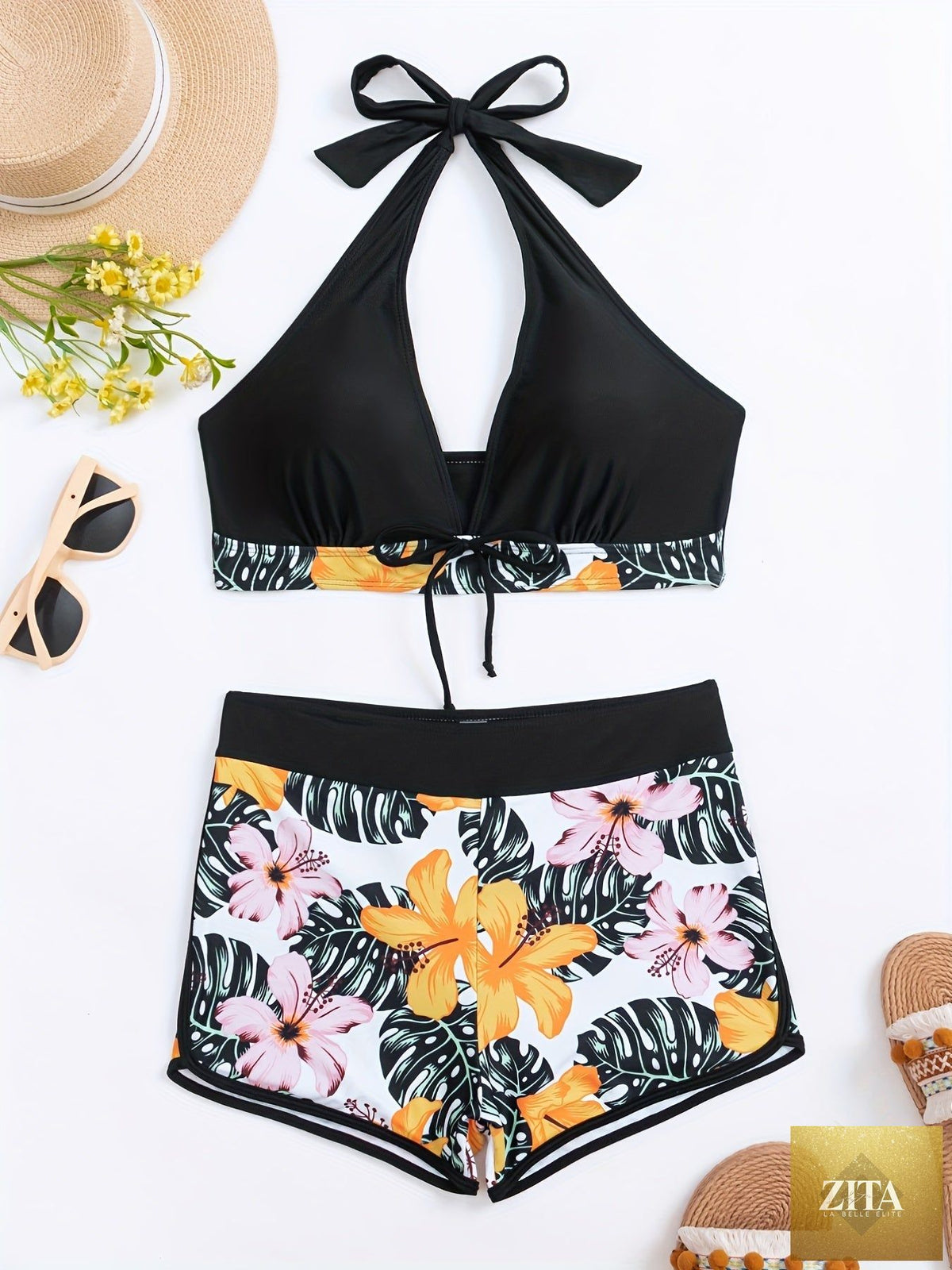 Stevvex floral bikini set with halter neck, backless design, tie-neck bow, and high waist bottoms for summer beach and pool wear.