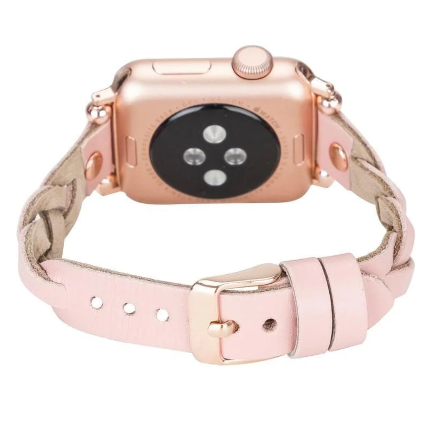Leather Apple Watch braided band in pink by LEATHERE, featuring a stylish woven leather strap for Apple Watch.