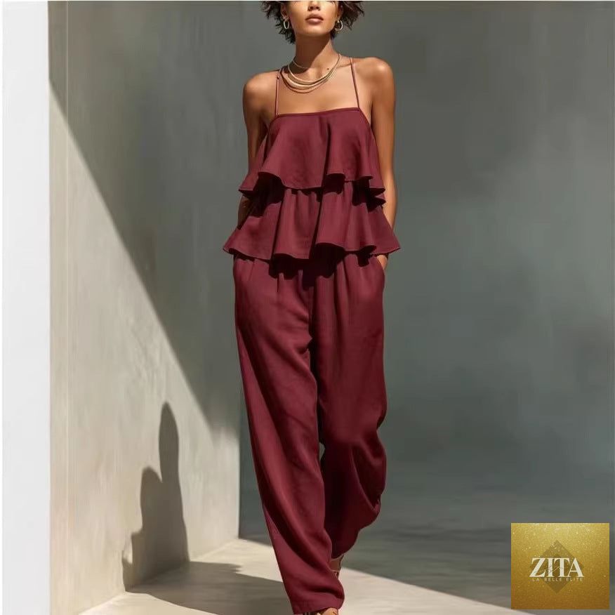 Women's sleeveless camisole top and casual pants set by Zita La Belle Elite, stylish and comfortable casualwear ensemble.