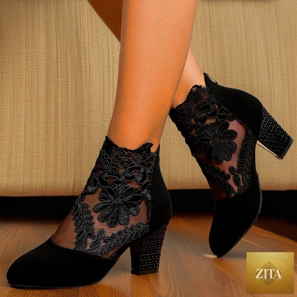 Women’s lace-embroidered mesh chunky-heel ankle boots by Zita La Belle Elite, showcasing intricate lace details and stylish chunky heels.