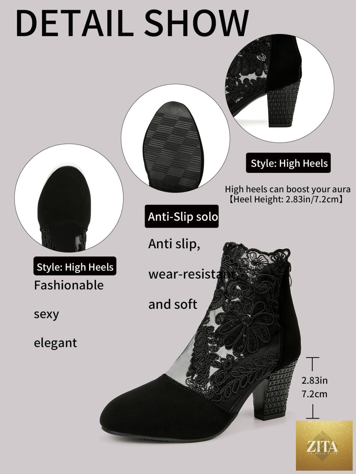 Women’s lace-embroidered mesh chunky-heel ankle boots by Zita La Belle Elite, featuring intricate lace details and stylish ankle coverage.