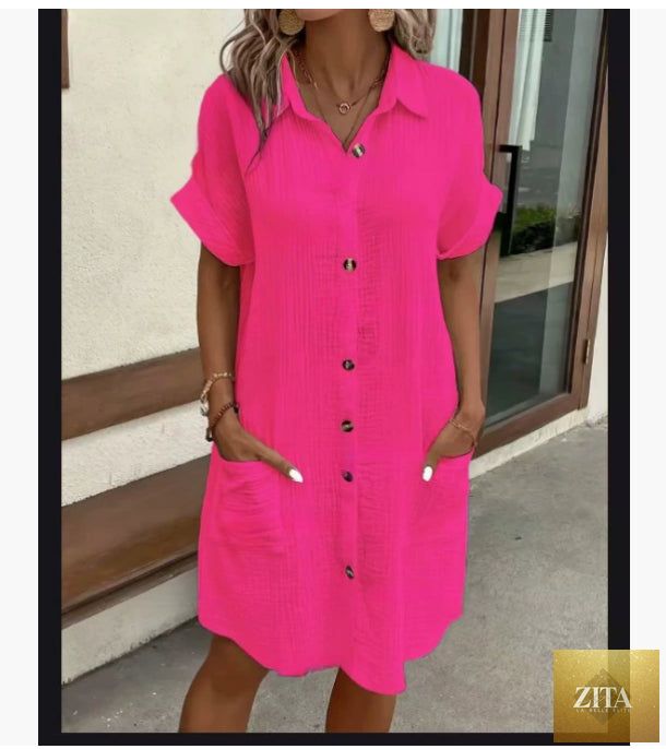 Zita La Belle Elite women's cotton linen shirt dress with V-neck, button-front, and A-line silhouette, casual and breathable for warm weather.