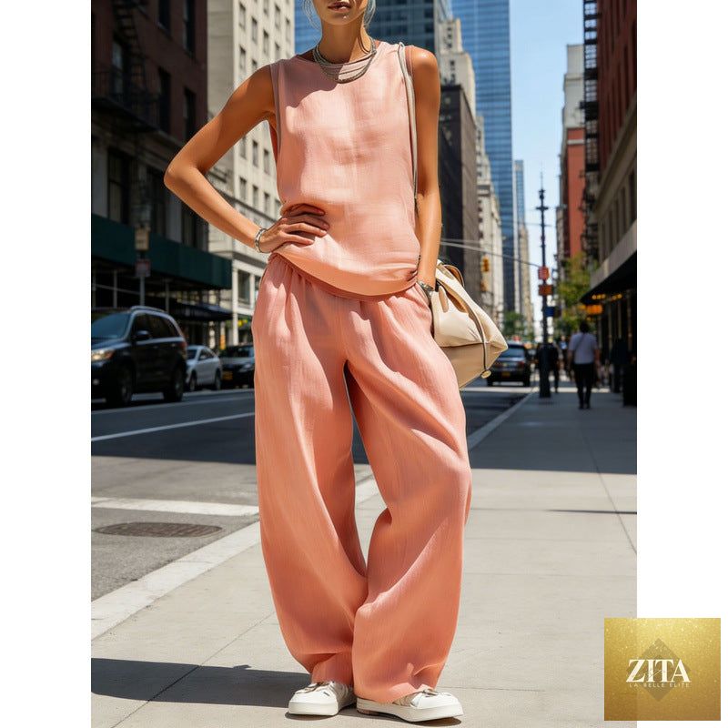 Zita La Belle Elite women's sleeveless cardigan top and matching pants casualwear two-piece set, stylish and comfortable outfit.