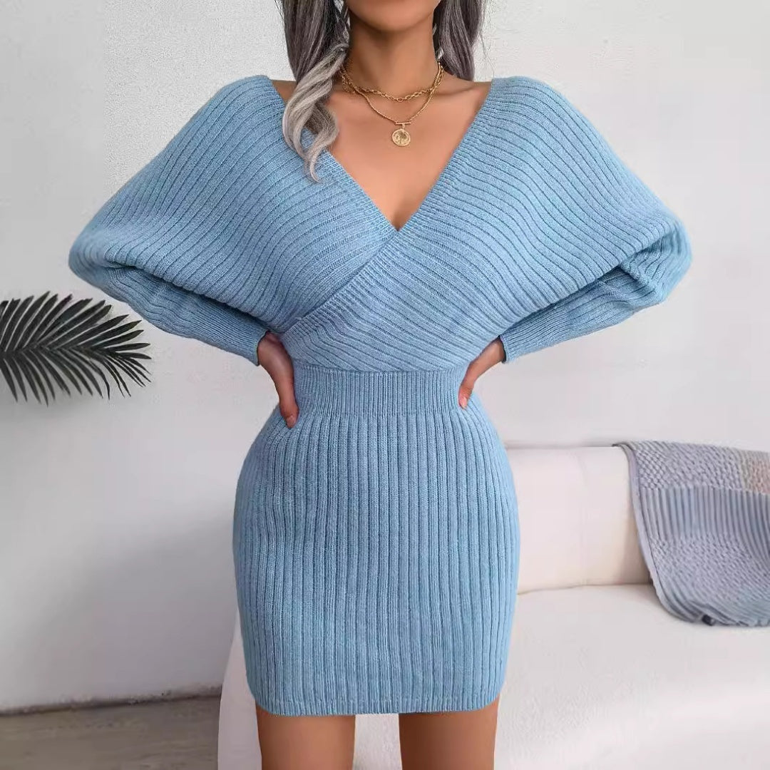 FitiqueFit Cross V-Neck Bat-Sleeve Hairy Dress in autumn/winter casualwear, featuring a V-neck, bat sleeves, and textured fabric.