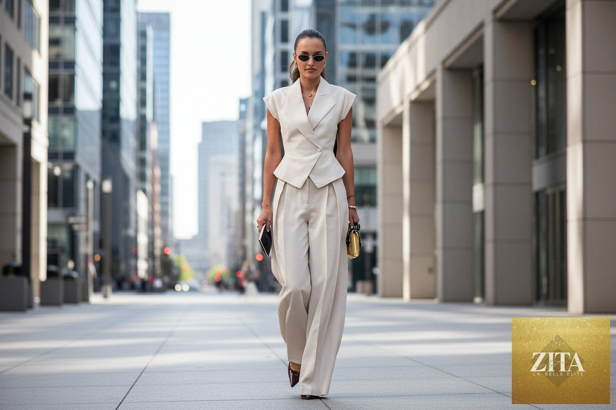 Women’s sleeveless waist-cinching two-piece suit set by Zita La Belle Elite, featuring elegant design and fitted silhouette.