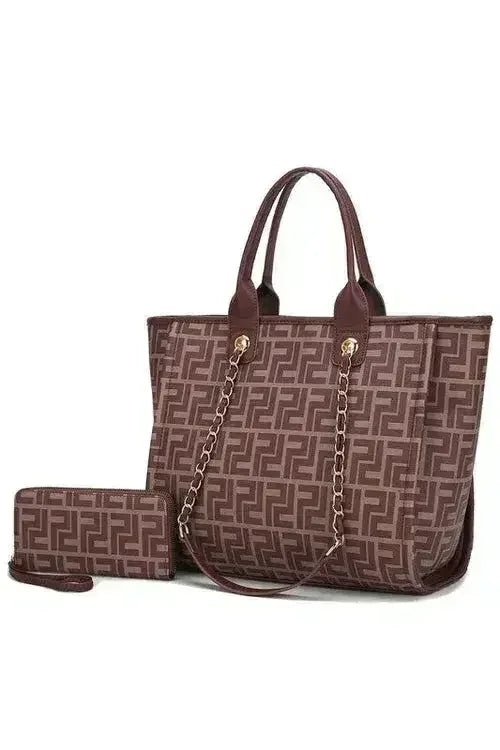 Femstylo vegan leather tote and wallet set with gold chain strap, stylish tote bag and matching wallet on a neutral background.