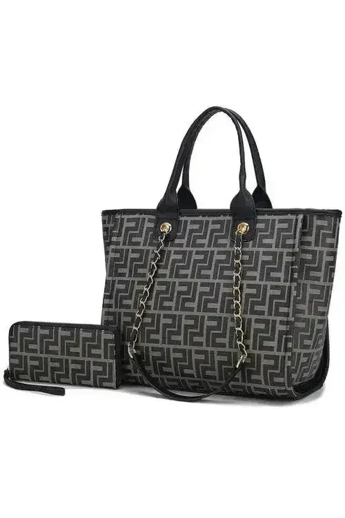 Femstylo vegan leather tote and wallet set with gold chain strap, stylish beach bag and matching wallet on white background.