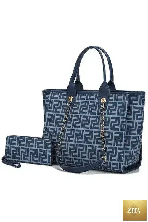 Femstylo vegan leather tote and wallet set featuring a gold chain strap, stylish tote bag with spacious interior and matching wallet.