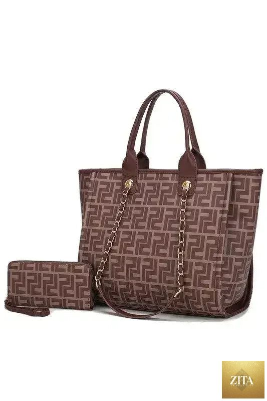 Femstylo vegan leather tote and wallet set with gold chain strap, stylish tote bag and matching wallet on a neutral background.
