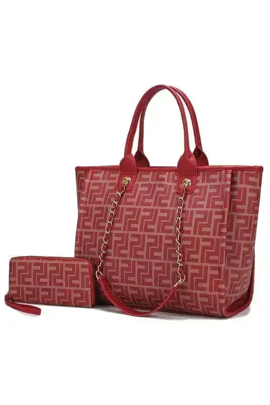 Femstylo vegan leather tote and wallet set with gold chain strap, stylish tote bag and matching wallet for everyday use.