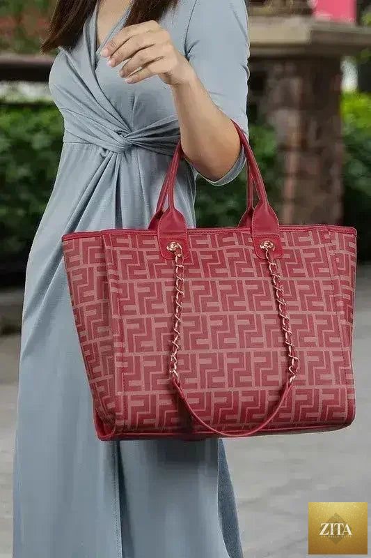 Femstylo vegan leather tote and wallet set with gold chain strap, beach bag and accessory in stylish matching design.