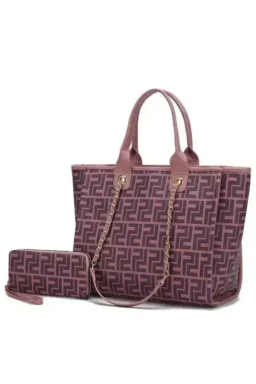 Femstylo vegan leather tote and wallet set with gold chain strap, stylish tote bag and matching wallet on white background.