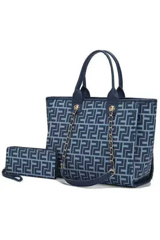Femstylo vegan leather tote and wallet set with gold chain strap, stylish tote bag and matching wallet on white background.