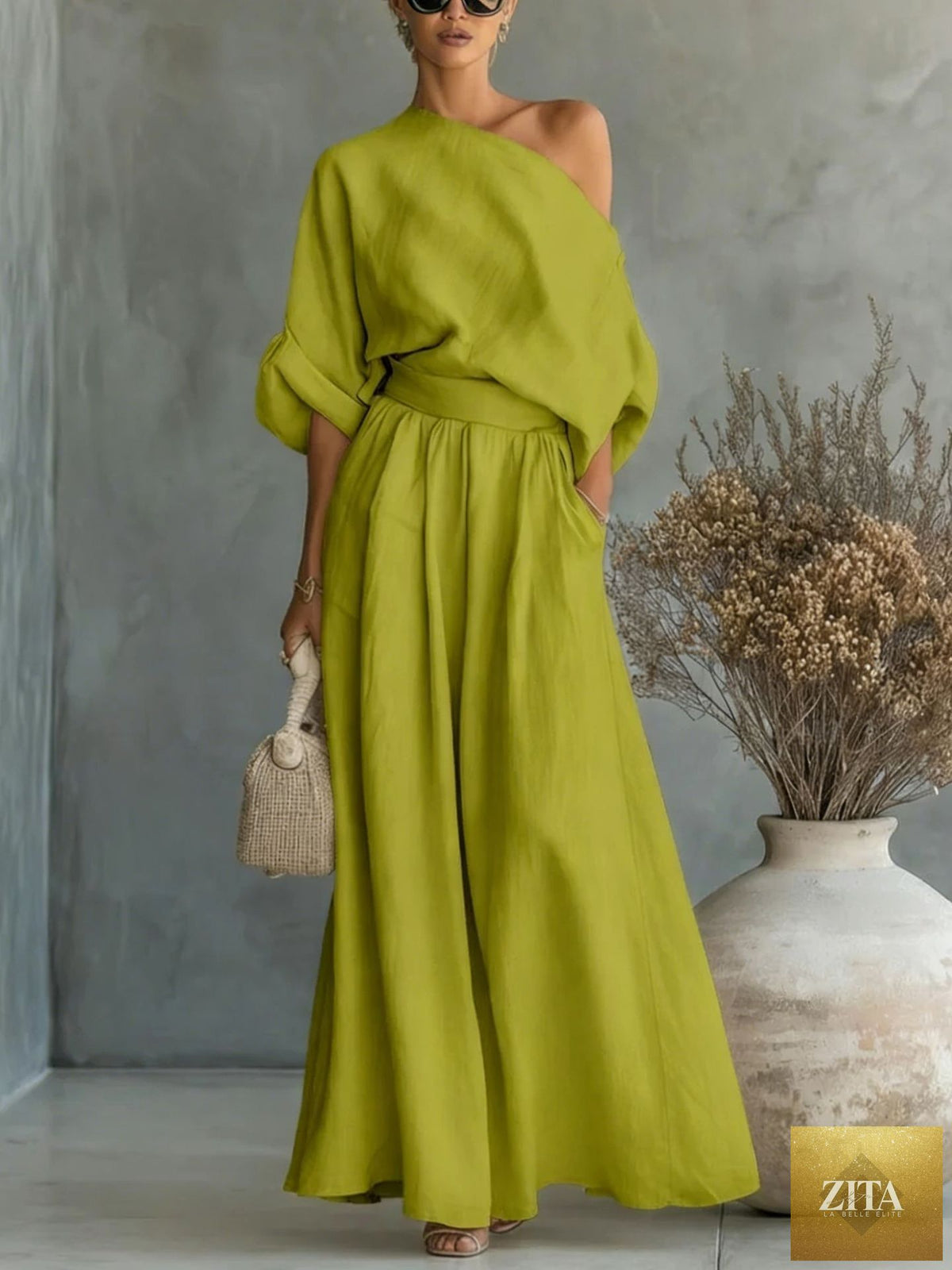 Zita La Belle Elite casualwear two-piece set with cropped off-shoulder top and matching pants in various colors, size S–5XL.