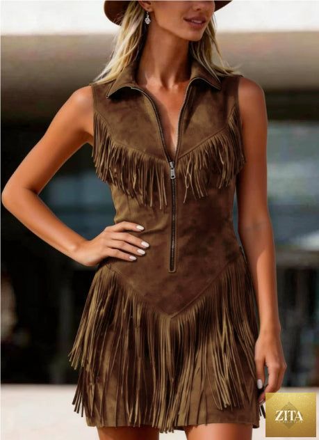 Women's suede Western tassel sleeveless slim-fit midi dress by Zita La Belle Elite, featuring a stylish Western-inspired design with tassel details.
