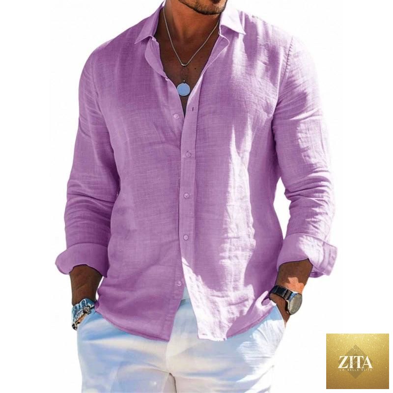 Men's long sleeve casual shirt by MANDOTOS, loose fit with lapel collar and solid color, plus size blouse style top.