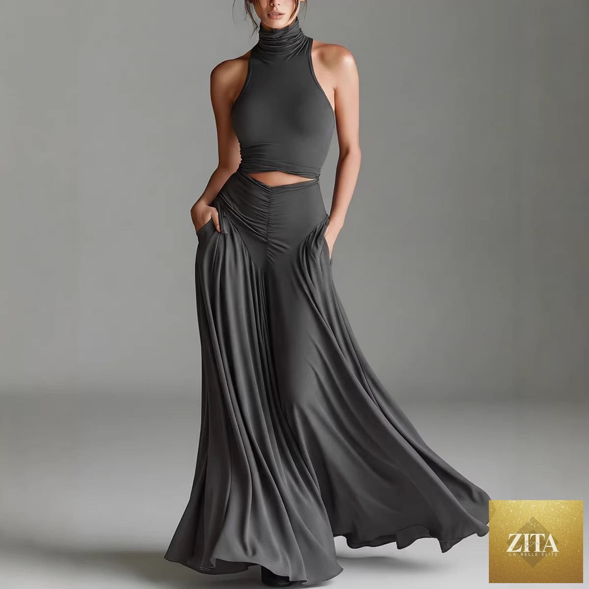 Women's sleeveless high-neck top and elegant long A-line dress two-piece set by FitiqueFit, displayed on a mannequin.