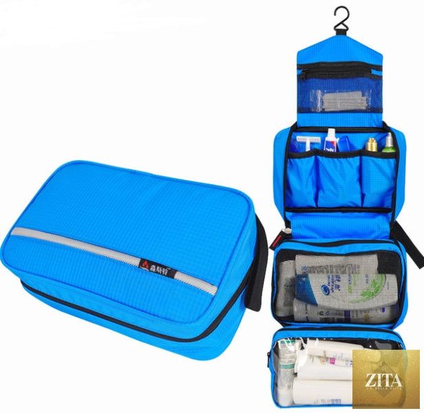 Travel toiletry wash organizer kit for men with multiple compartments, compact design, and durable material by Social Buzz eSIMs.