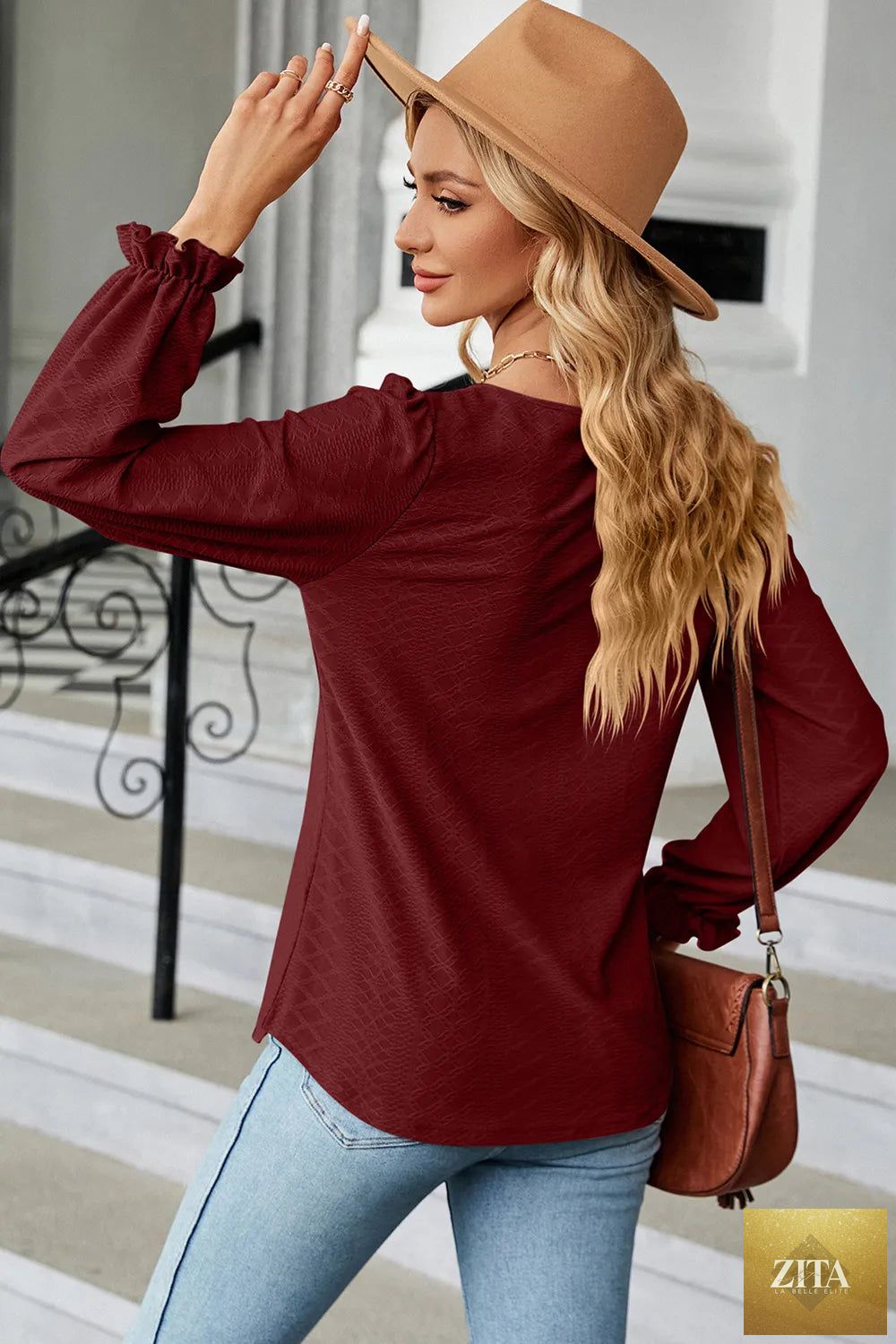 Zita La Belle Elite round neck flounce sleeve casual T-shirt in soft fabric, featuring a stylish flared sleeve design.
