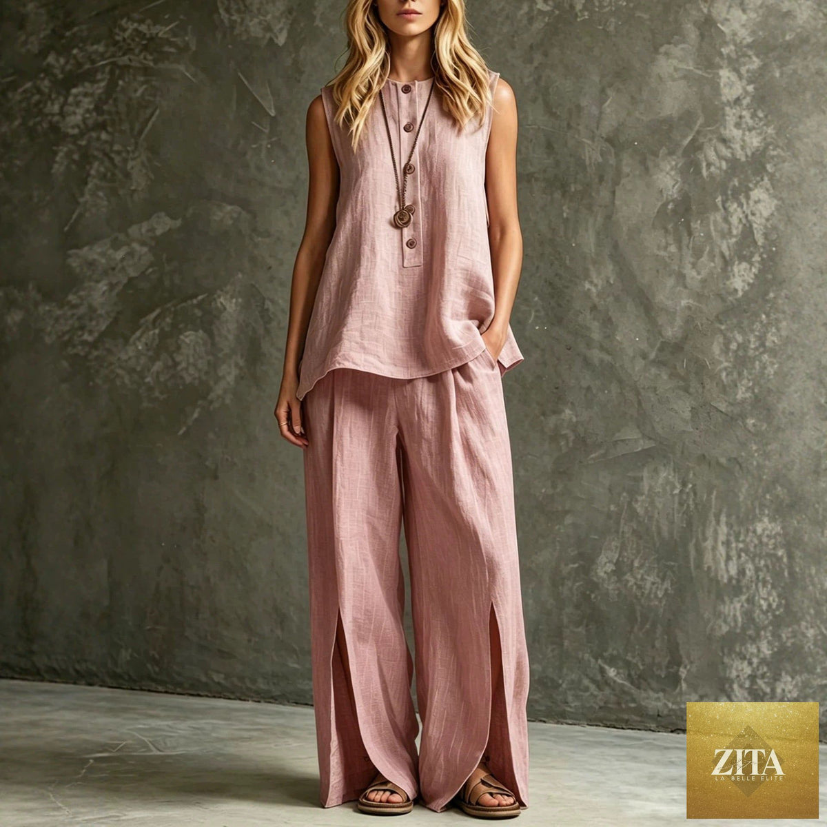 Zita La Belle Elite women's casual sleeveless tank top and slit wide-leg pants two-piece set, beige fabric, relaxed fit.