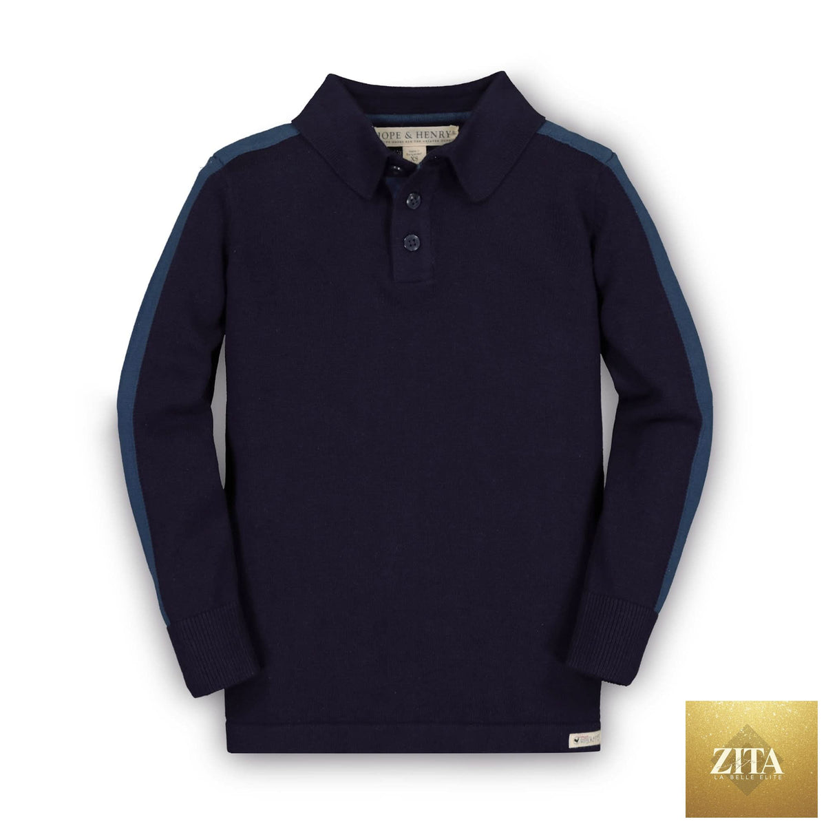 Baby long sleeve organic sweater polo by Hope & Henry, soft knit with ribbed collar and cuffs, in a neutral color.