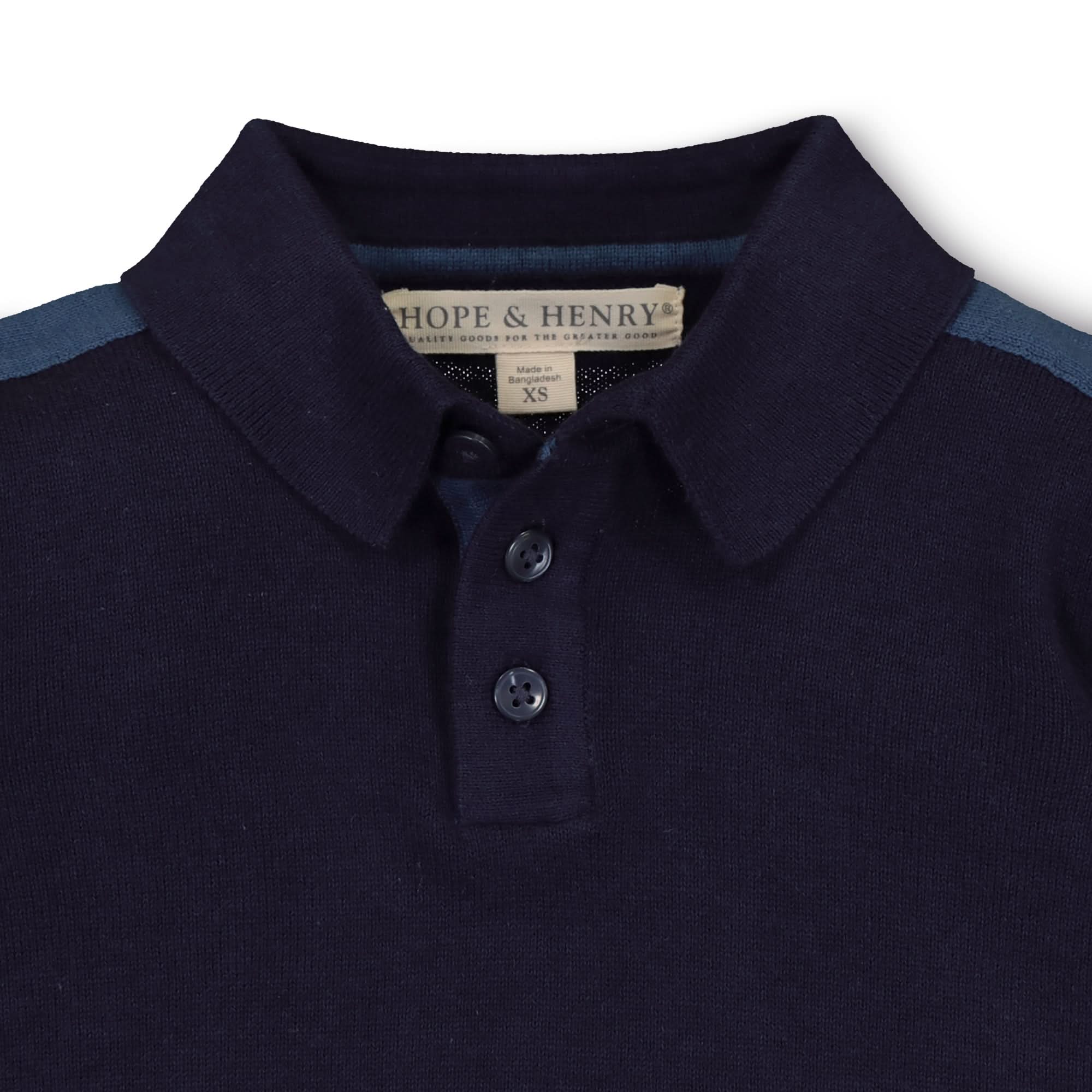 Baby long sleeve organic sweater polo by Hope & Henry, soft knit in a cozy, classic design with a collared neckline.