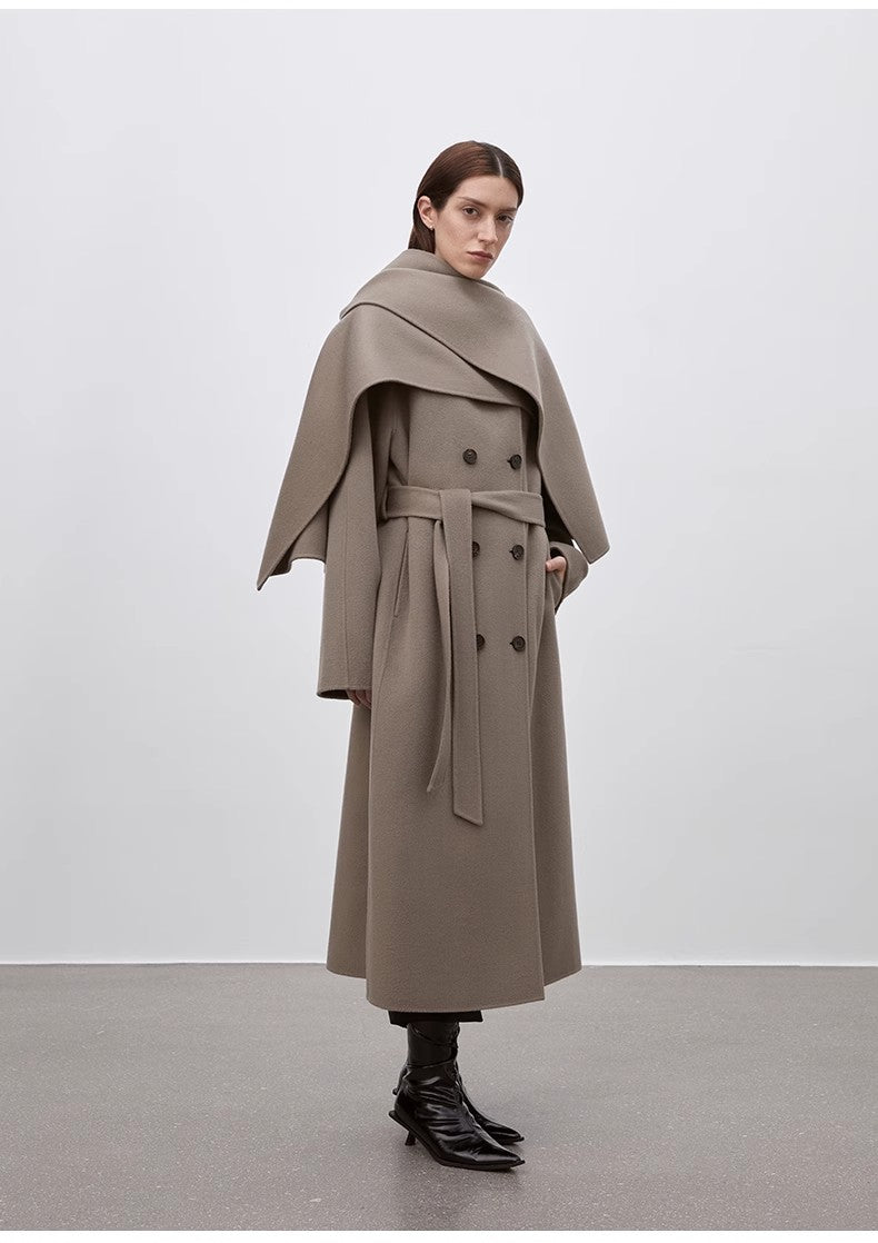 "Assassin's Creed" removable scarf collar, woolen coat for women, Brown Coeus