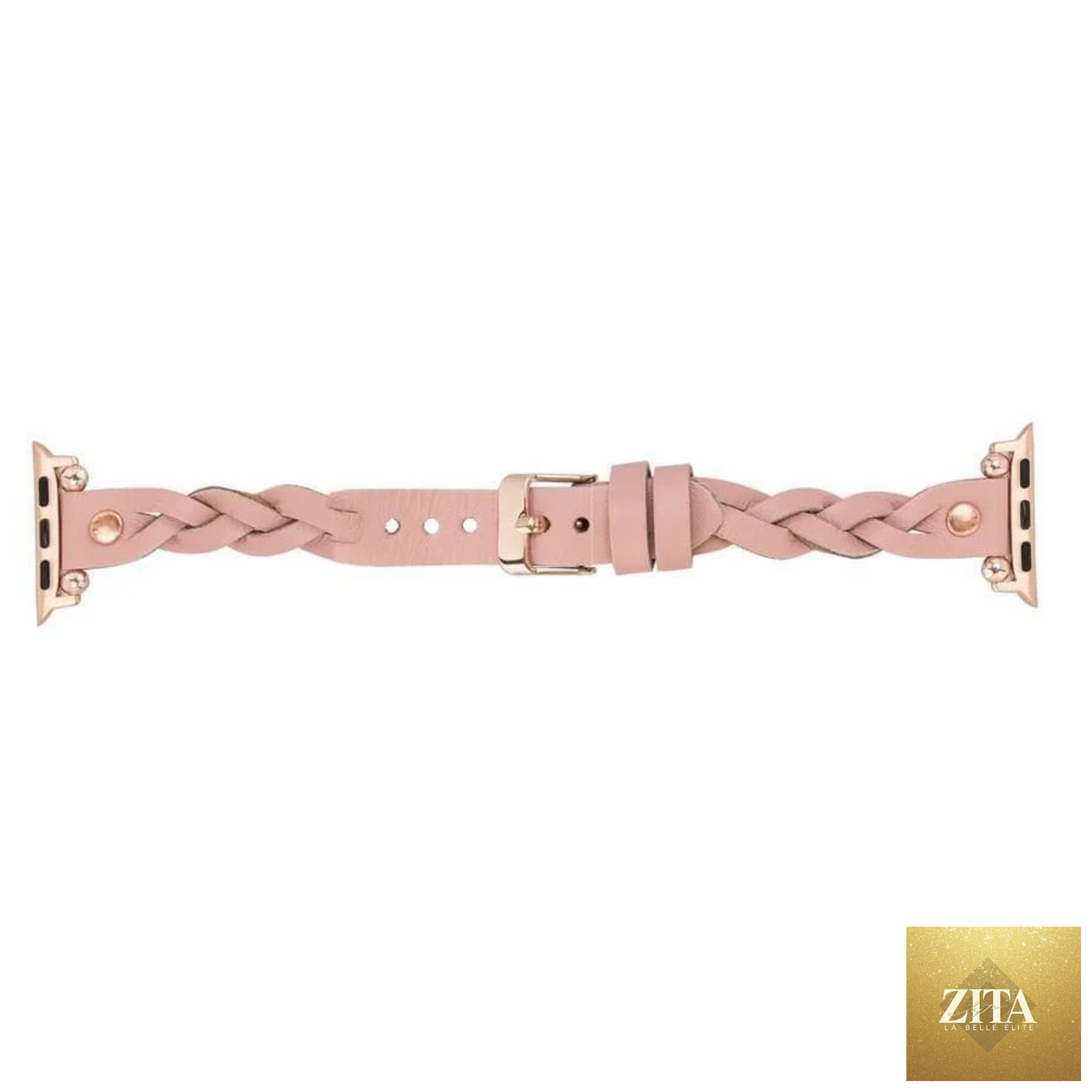Leather Apple Watch band by LEATHERE in pink with braided design, designed for Apple Watch series.