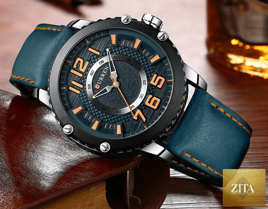 Men's waterproof sport watch by Stevvex with leather belts and large number details, showcasing a unique design and durable build.
