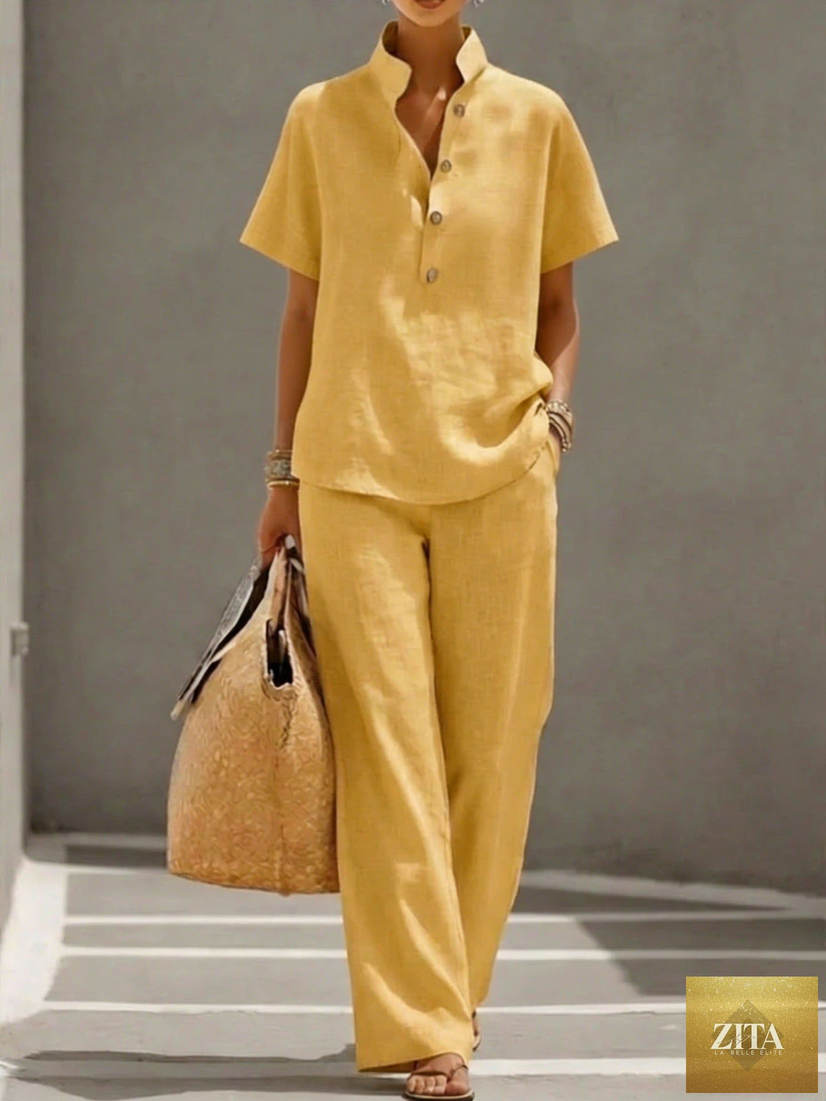 Zita La Belle Elite three-piece casual lounge set with solid cardigan, short sleeve top, and matching pants in neutral color.