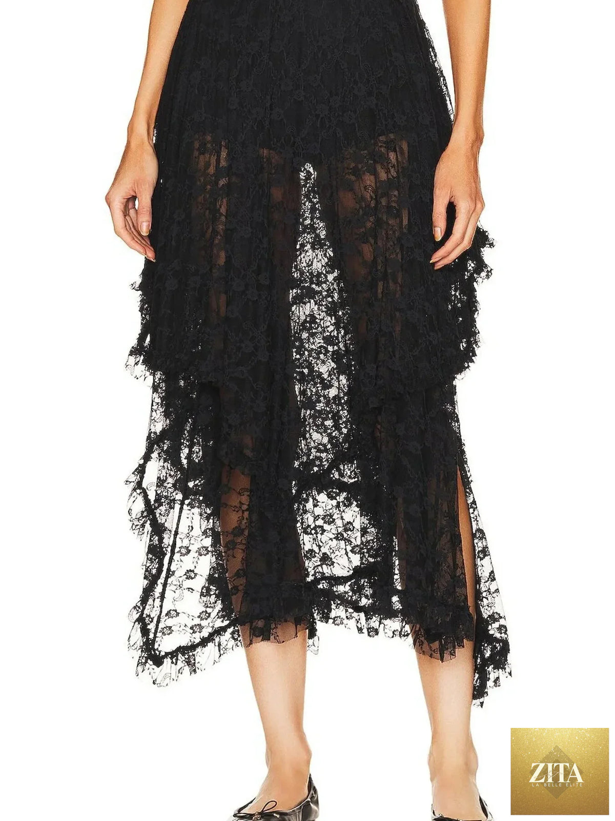 Zita La Belle Elite asymmetrical lace midi skirt with flowing hem and intricate lace details, stylish and elegant for fashionable wear.