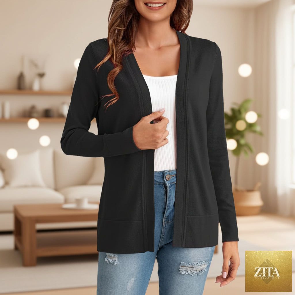 Women's knitted loose cardigan coat in four colors, featuring long sleeves and a relaxed fit, from FitiqueFit.