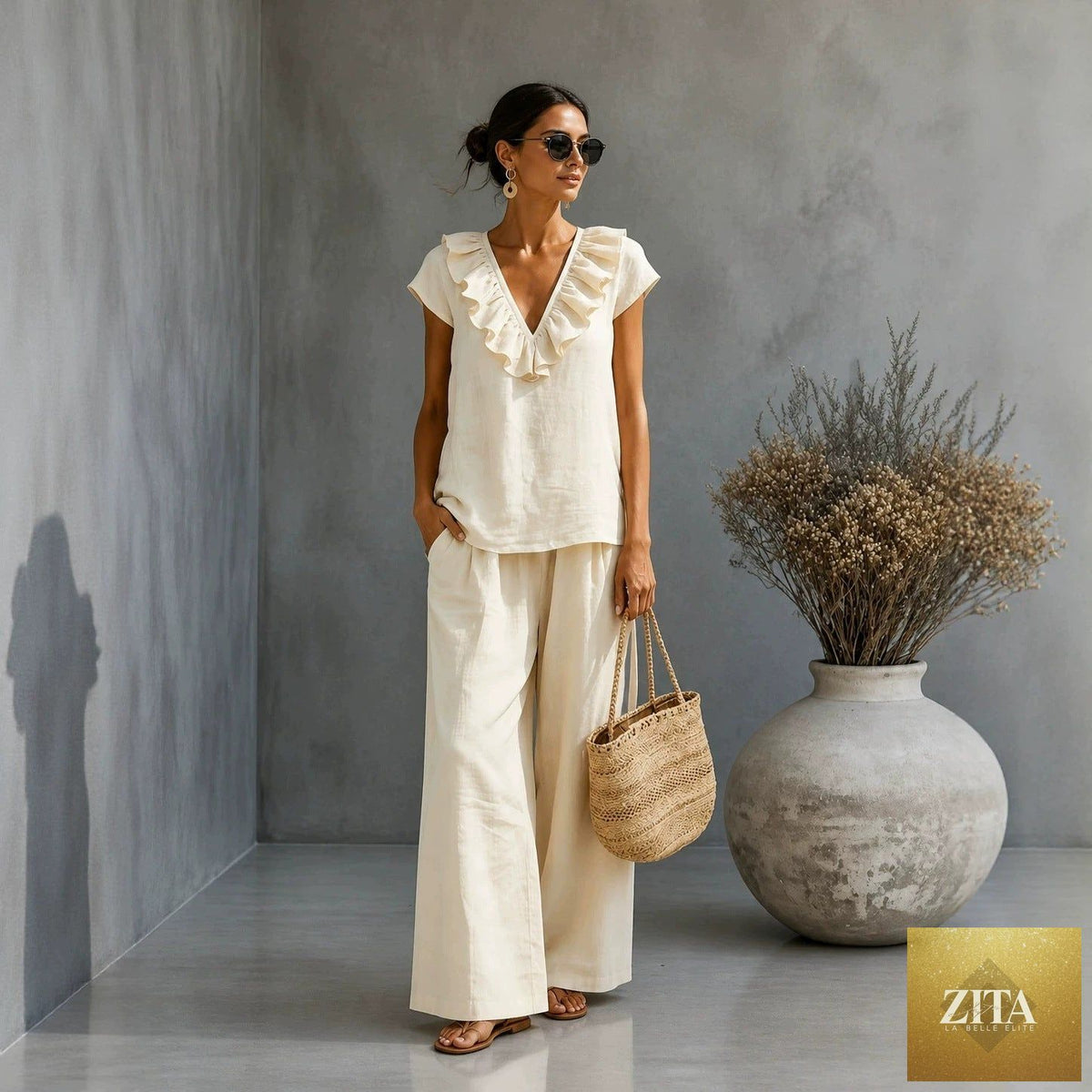 Zita La Belle Elite women's casual two-piece set with V-neck ruffled hem top and wide-leg pants, stylish and comfortable.