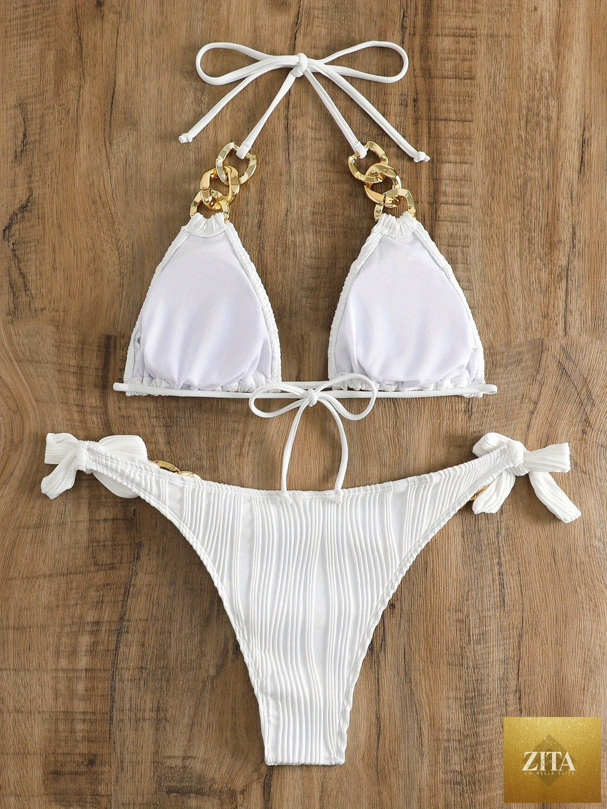 Stevvex striped gold chain bikini set with ruched texture, triangle tops, bow tie sides, and ring link detail for summer beachwear.