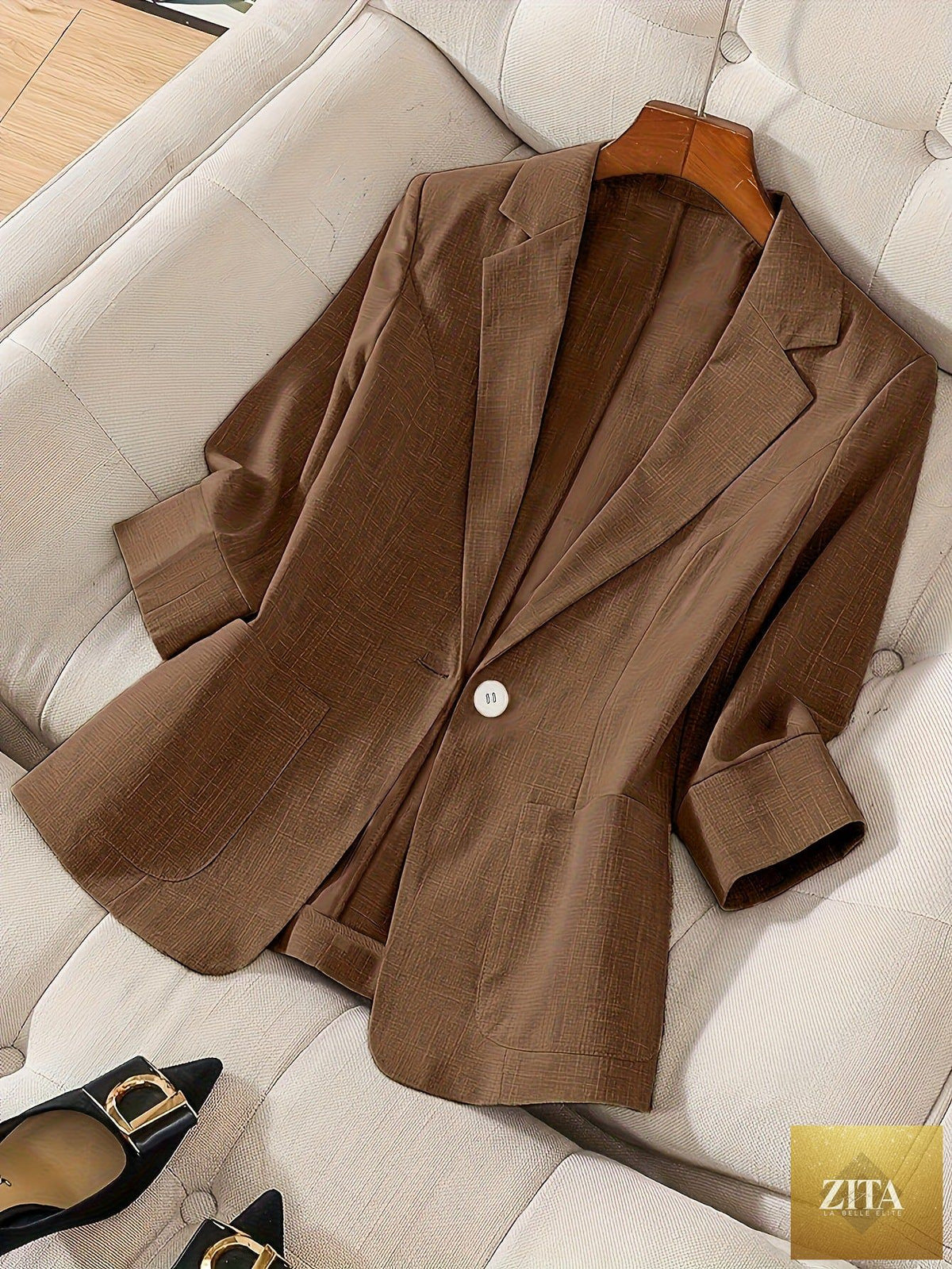 Women's casual blazer with three-quarter sleeves and single-button front by Zita La Belle Elite, shown in a stylish coat design.