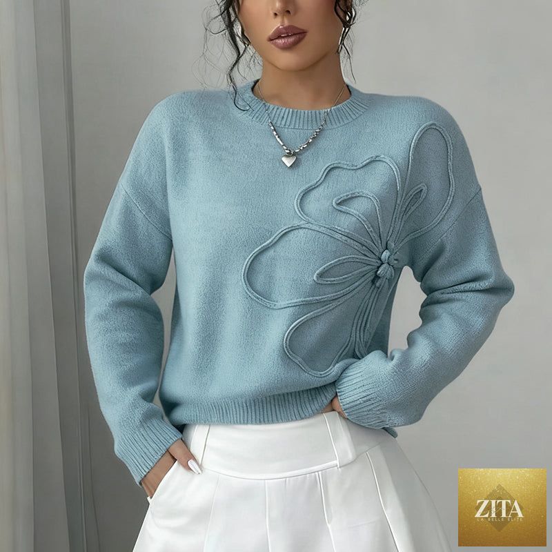 Women's floral sweater by Zita La Belle Elite, crew neck long sleeve casual pullover with elegant floral pattern.