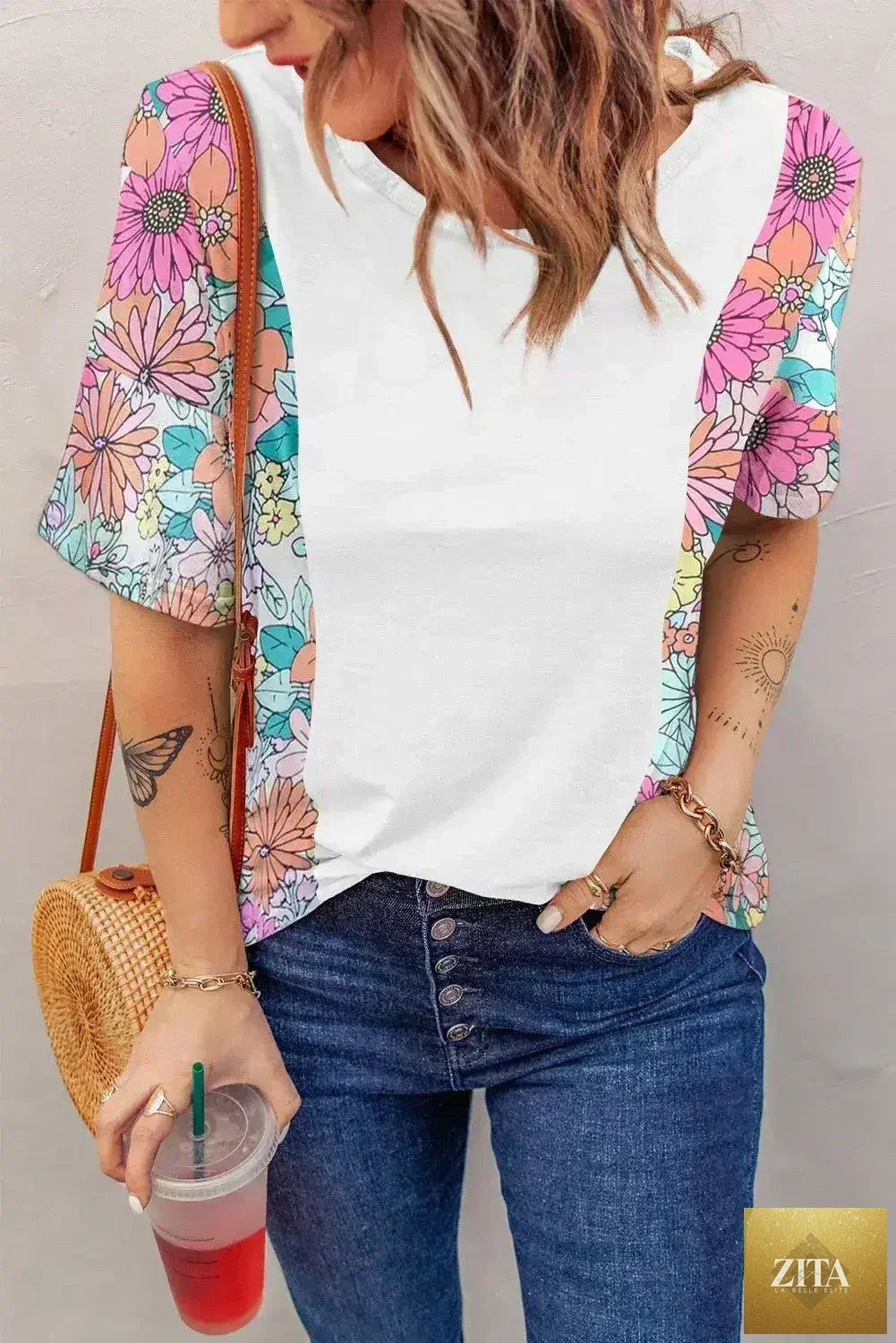 Femstylo floral patchwork short sleeve summer top, stylish blouse with vibrant floral design and casual fit.