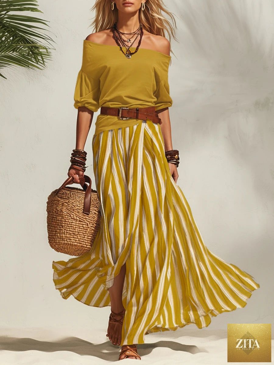 Women's off-shoulder top and slit maxi skirt set by Zita La Belle Elite, casualwear, featuring a stylish, relaxed fit and flowing fabric.