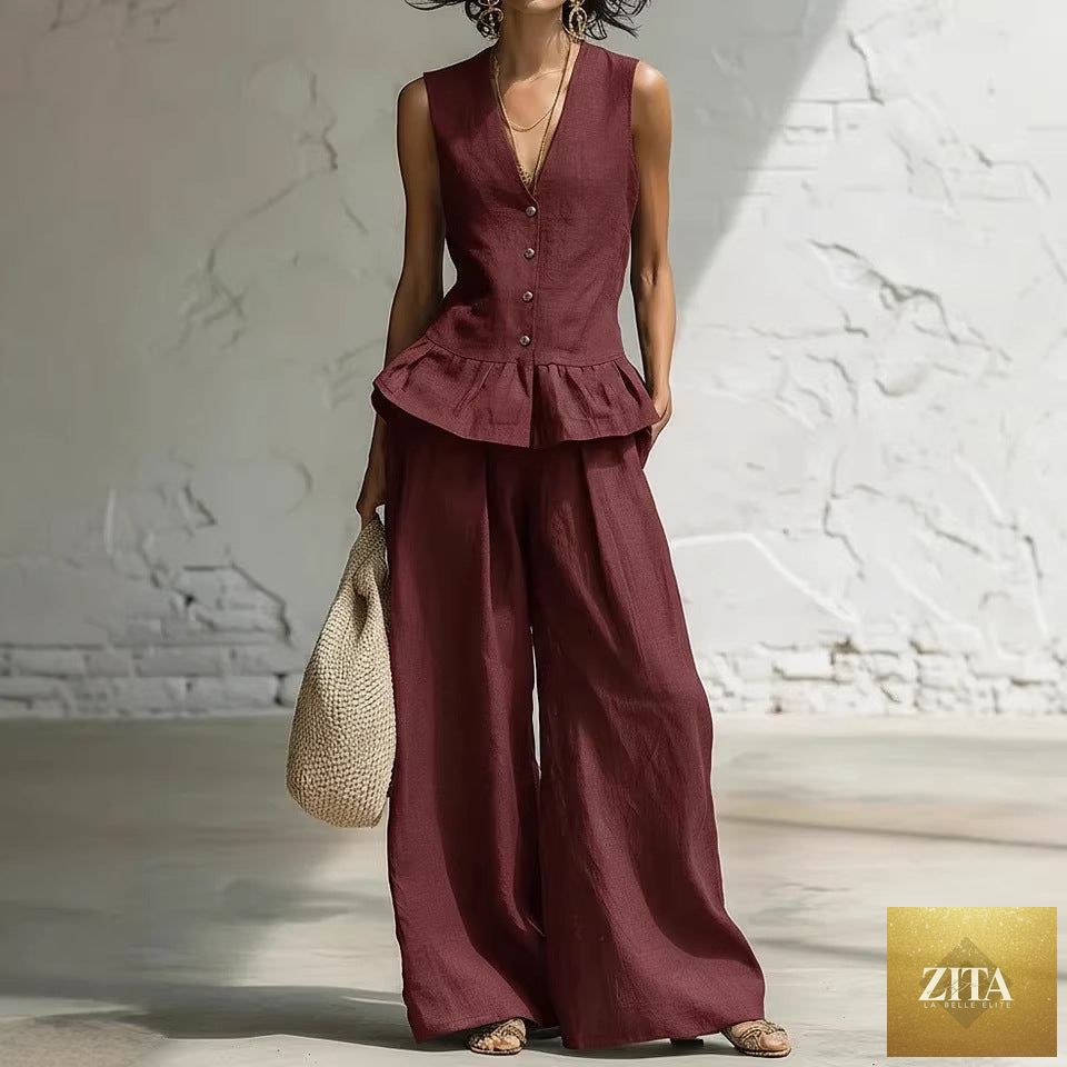 Zita La Belle Elite women's bohemian ruffled sleeveless tank and matching pants casualwear set, featuring flowing fabric and relaxed fit.