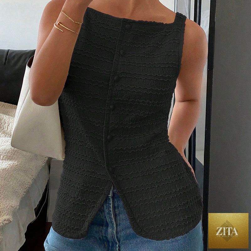 Zita La Belle Elite women's square neck button-up vest top in Y2K style, casualwear tank top with trendy design and going-out vibe.