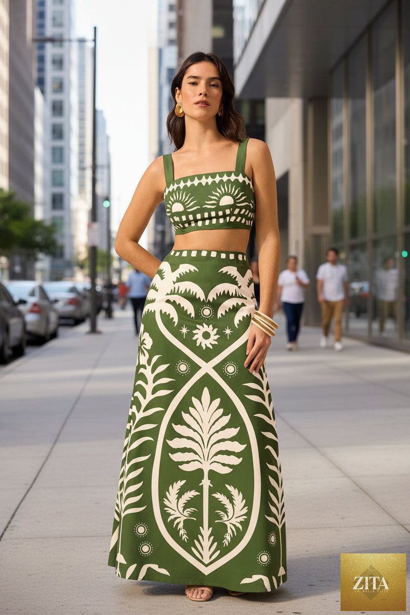Women's floral printed camisole and high-waisted midi skirt set by Zita La Belle Elite, casualwear with colorful floral pattern.