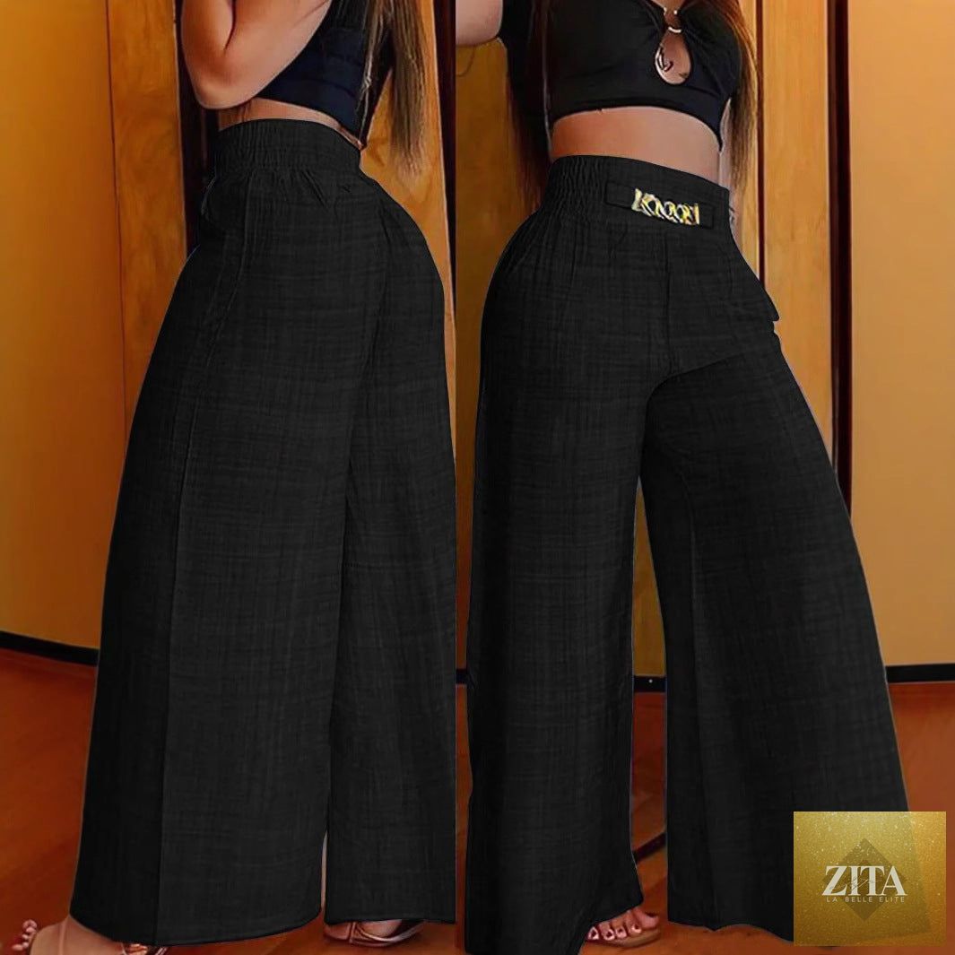 Women's high-waist drapey wide-leg casual pants by Zita La Belle Elite, featuring elastic drawstring and available in five colors.